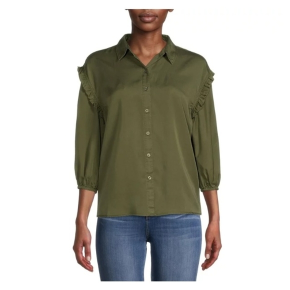 Olive Green Button-up with ruffled stiching! - Picture 5 of 7